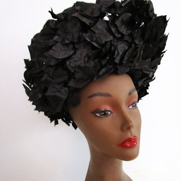 Tall Breton Hat Vintage Black Parasisal Straw Silk Leaves Church - Picture 2 of 10
